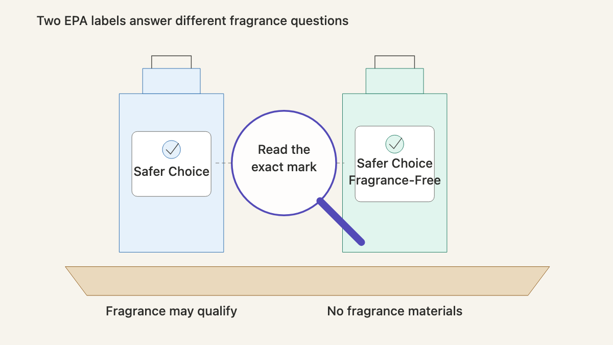 Two cleaning product bottles comparing the EPA Safer Choice and Safer Choice Fragrance-Free labels