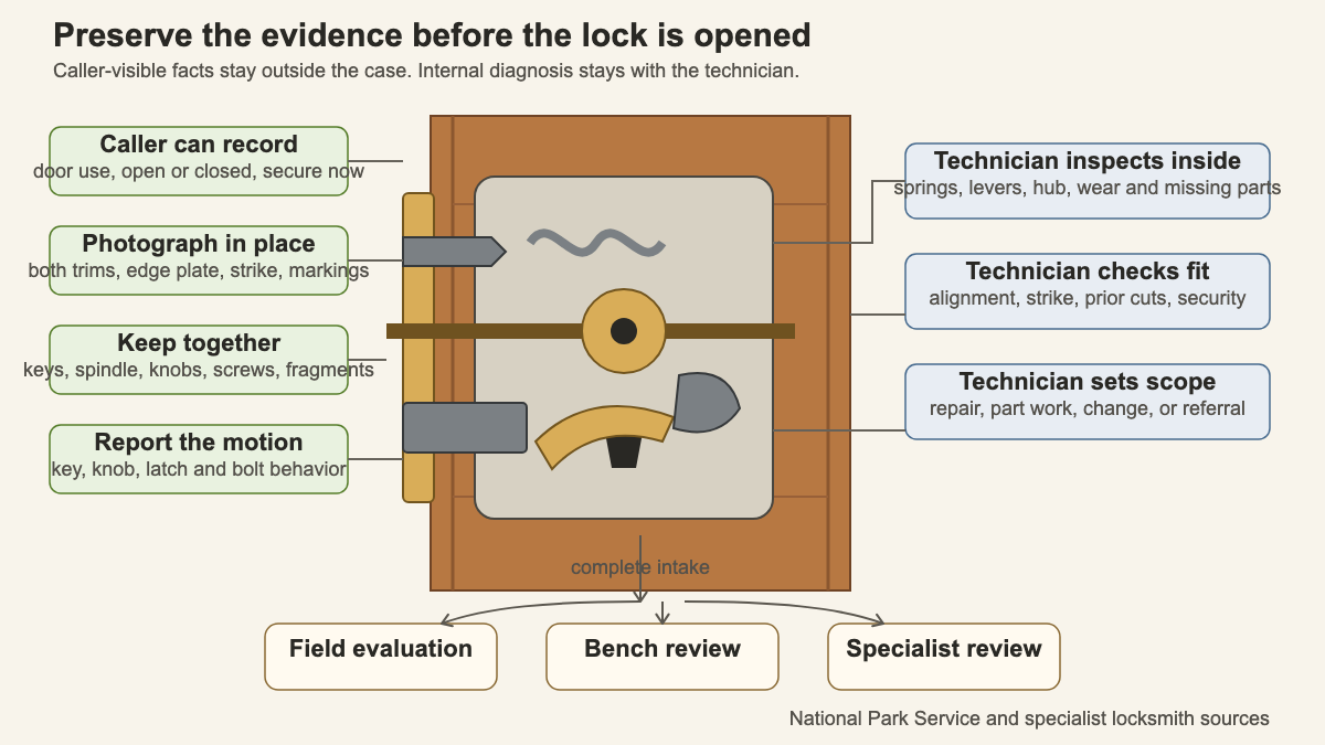 Physical mortise lock cutaway separating caller-visible evidence from technician-only internal inspection