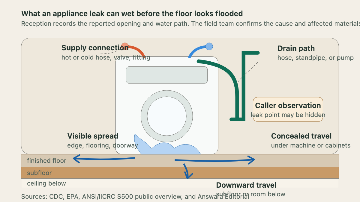Washing machine and floor section showing supply, drain, visible water spread, concealed travel, and the room below