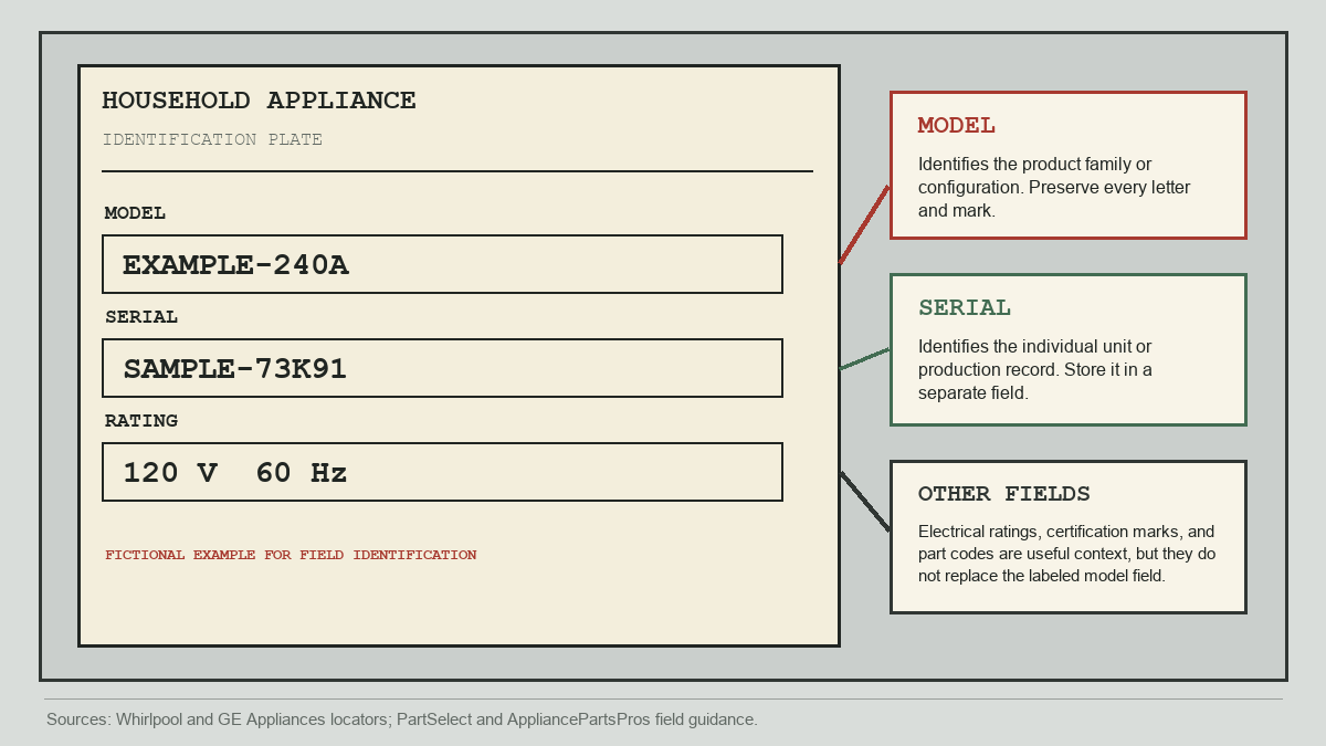Annotated appliance rating plate separating model, serial, and other labeled fields