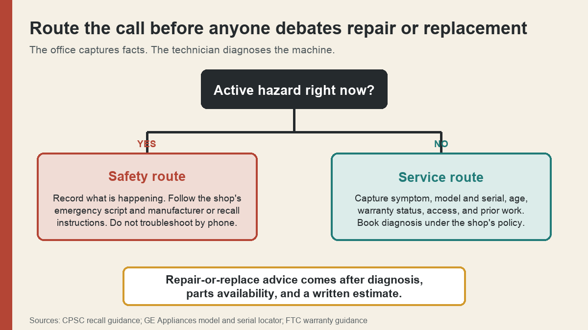 Decision tree routing appliance calls with an active hazard to safety handling and other calls to service intake