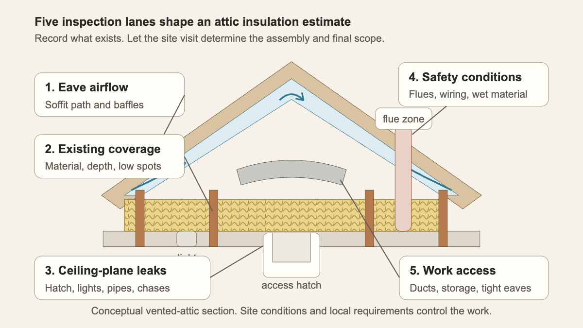 Vented attic section labeling eave airflow, insulation coverage, ceiling leaks, safety conditions, and access