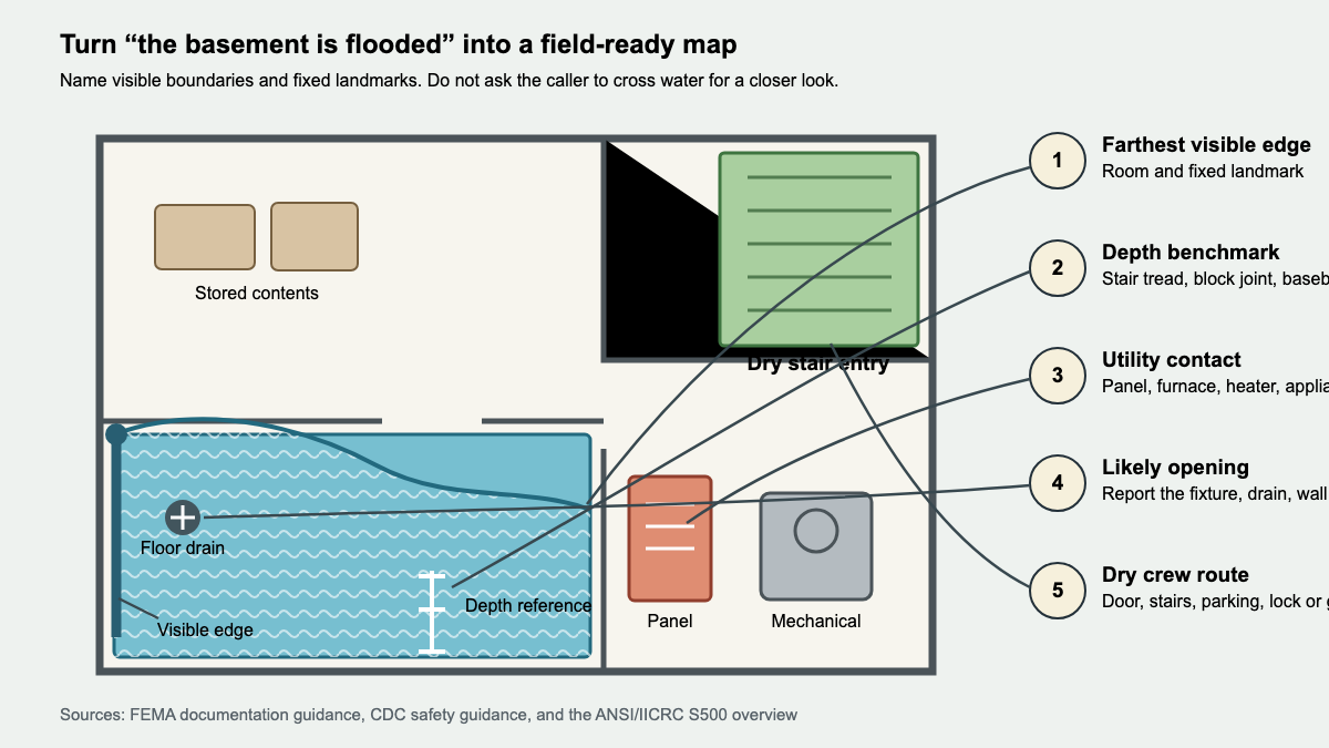 Overhead basement plan mapping visible water spread, a depth reference, utilities, source opening, and dry crew entry