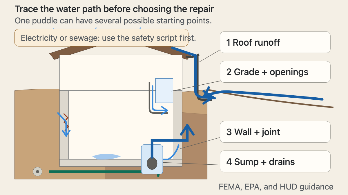 House and foundation cutaway tracing rainwater toward basement openings, wall joints, drains, and a sump