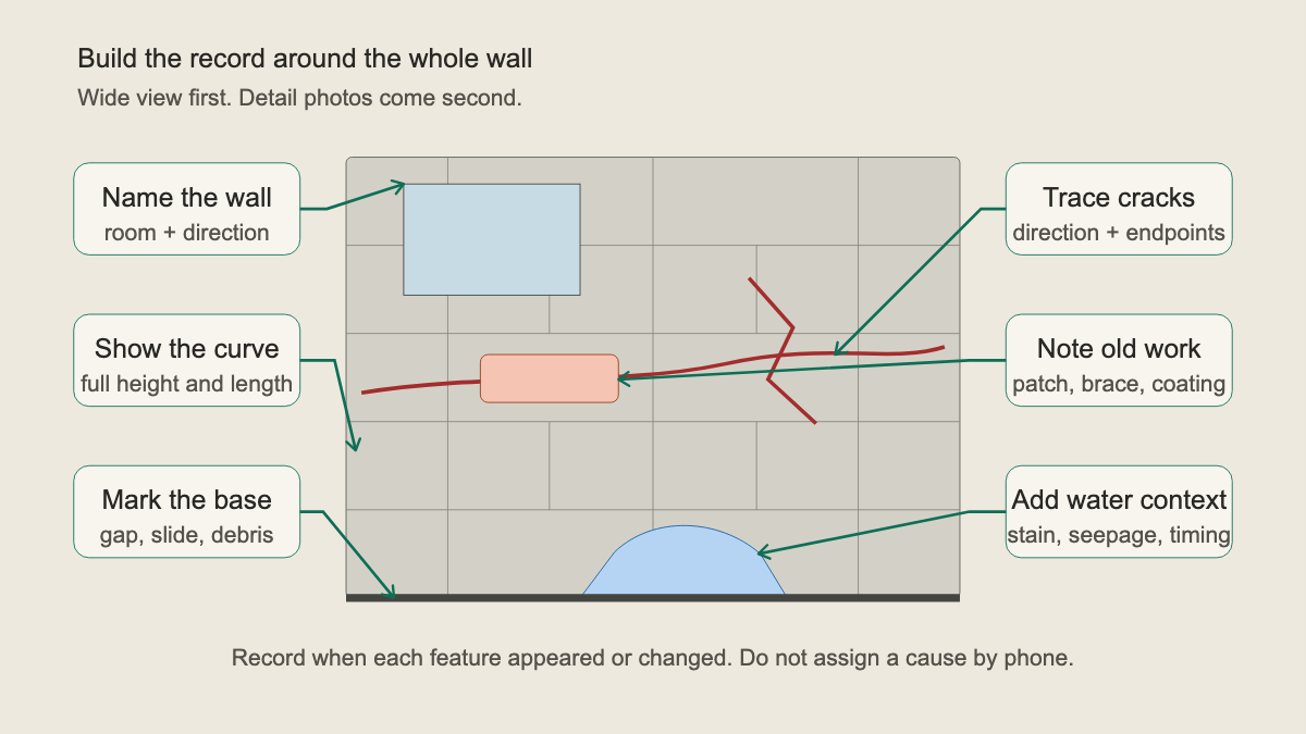 Annotated masonry wall elevation showing the locations and changes a caller can report
