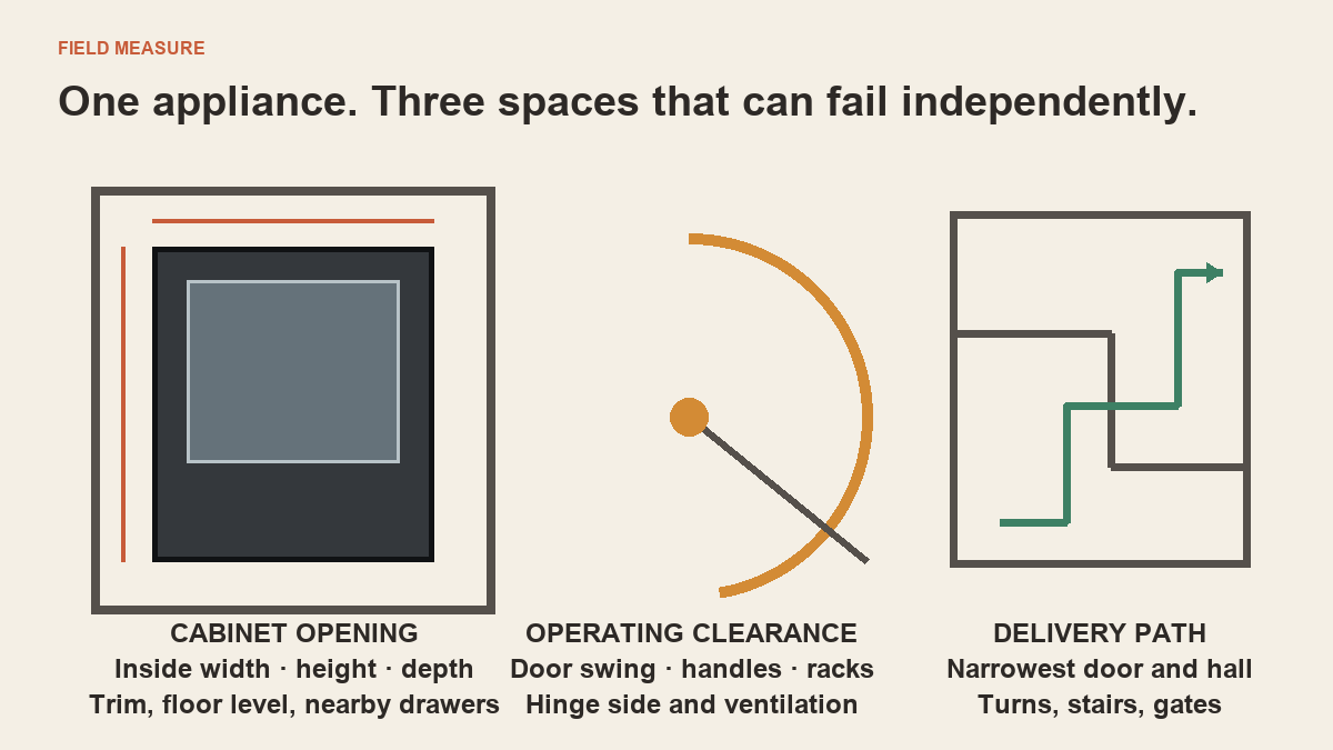 Matrix comparing cabinet opening, operating clearance, and delivery path measurements for built-in appliances
