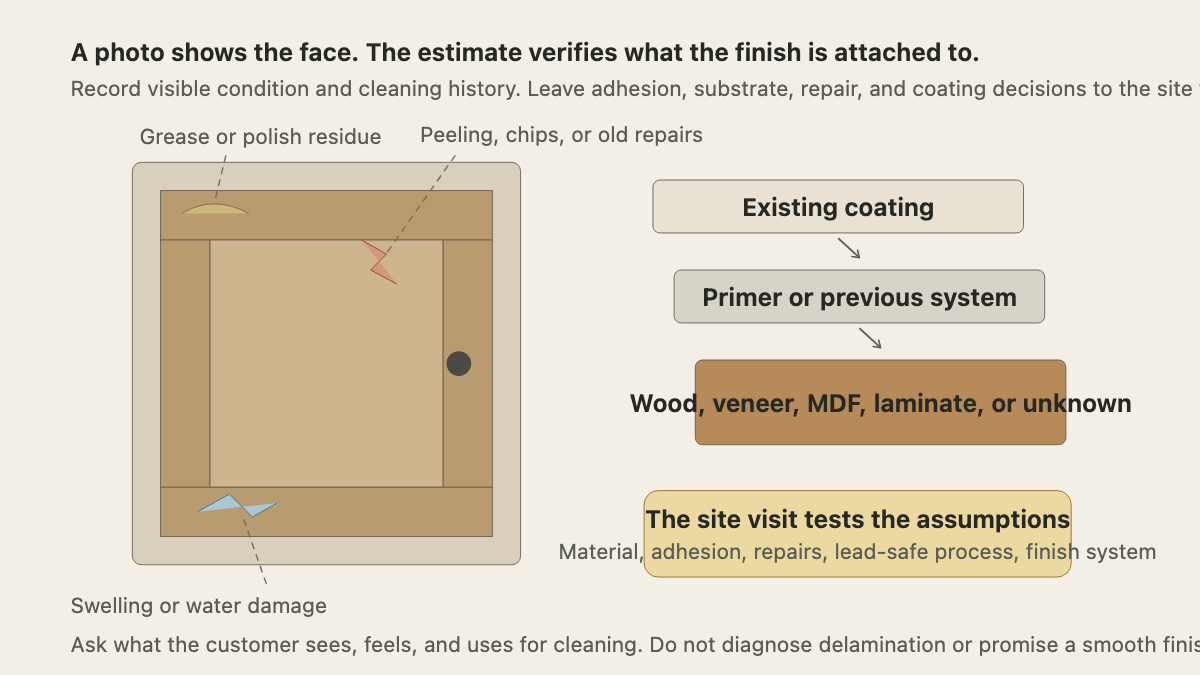 Cabinet door and finish layers showing grease, peeling, water damage, coating, primer, and substrate