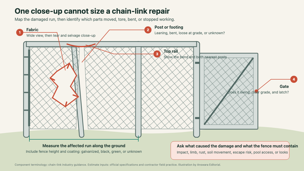 Annotated chain-link fence elevation showing fabric, post, rail, gate, tension connection, and damaged-run questions