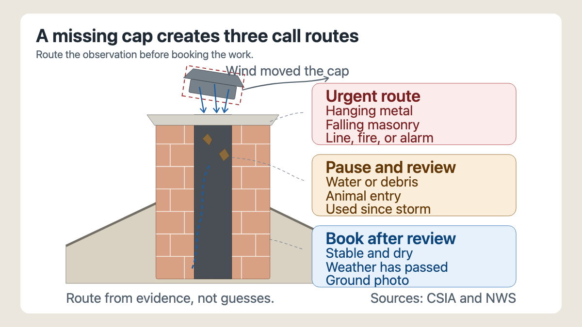 Chimney cutaway routing a missing cap report by hanging material, flue entry, and stable exterior evidence