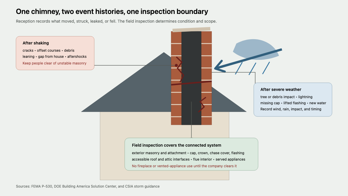 House and masonry chimney elevation mapping earthquake displacement and severe-weather impact to the connected inspection zones