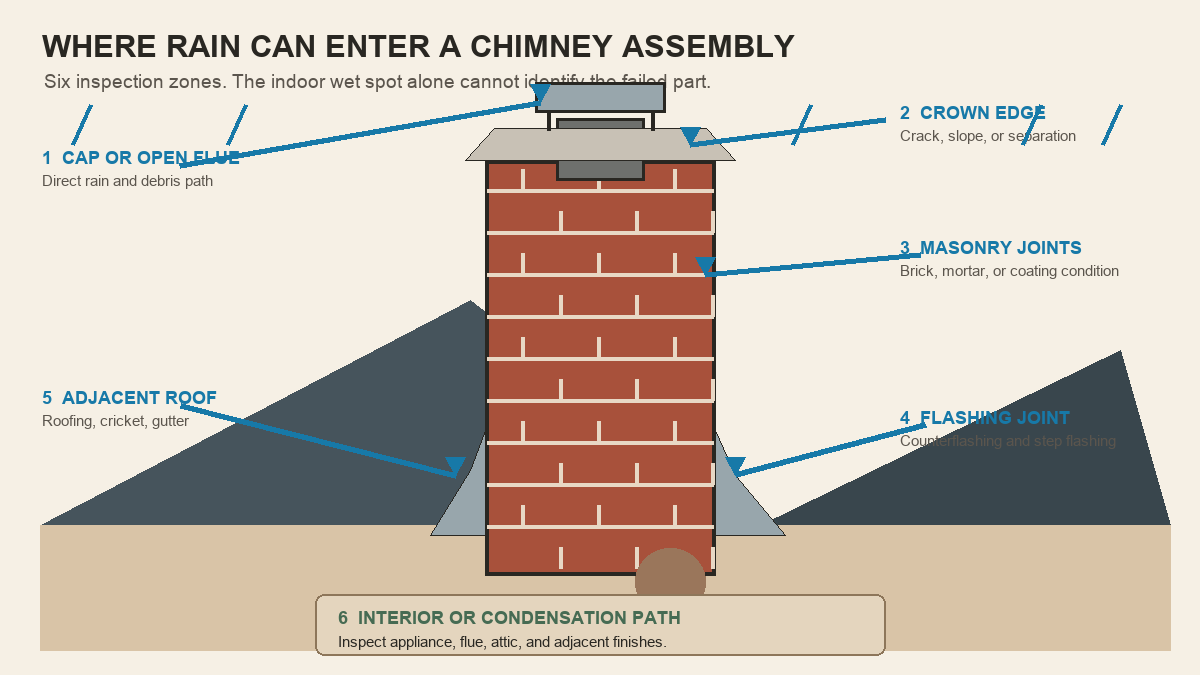 Cutaway map showing six possible chimney and roofline rain-entry inspection zones