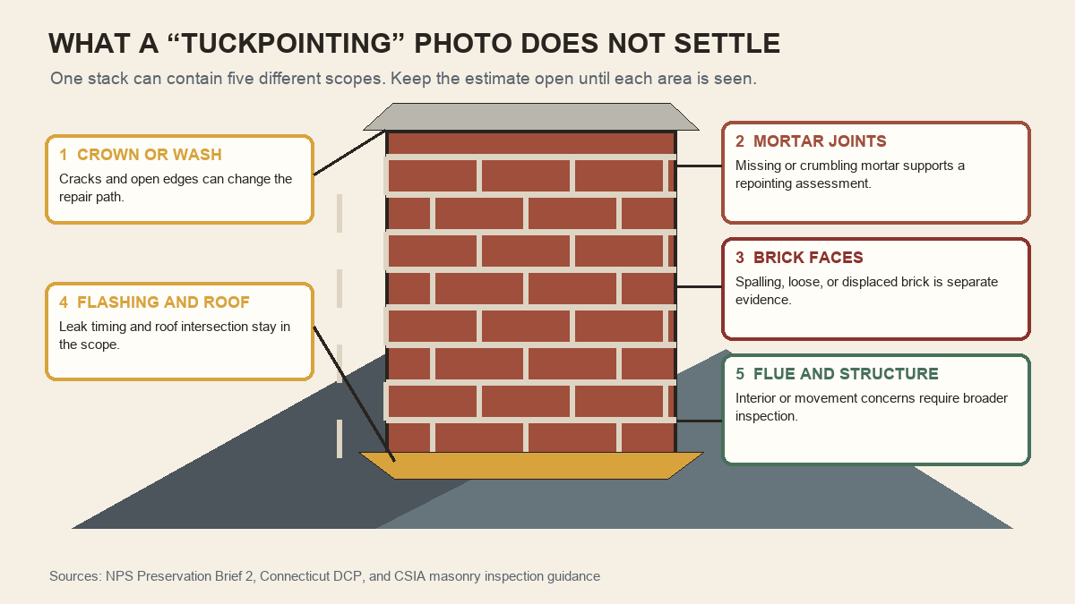 Annotated brick chimney showing crown, mortar joints, brick faces, flashing, and concealed system scope