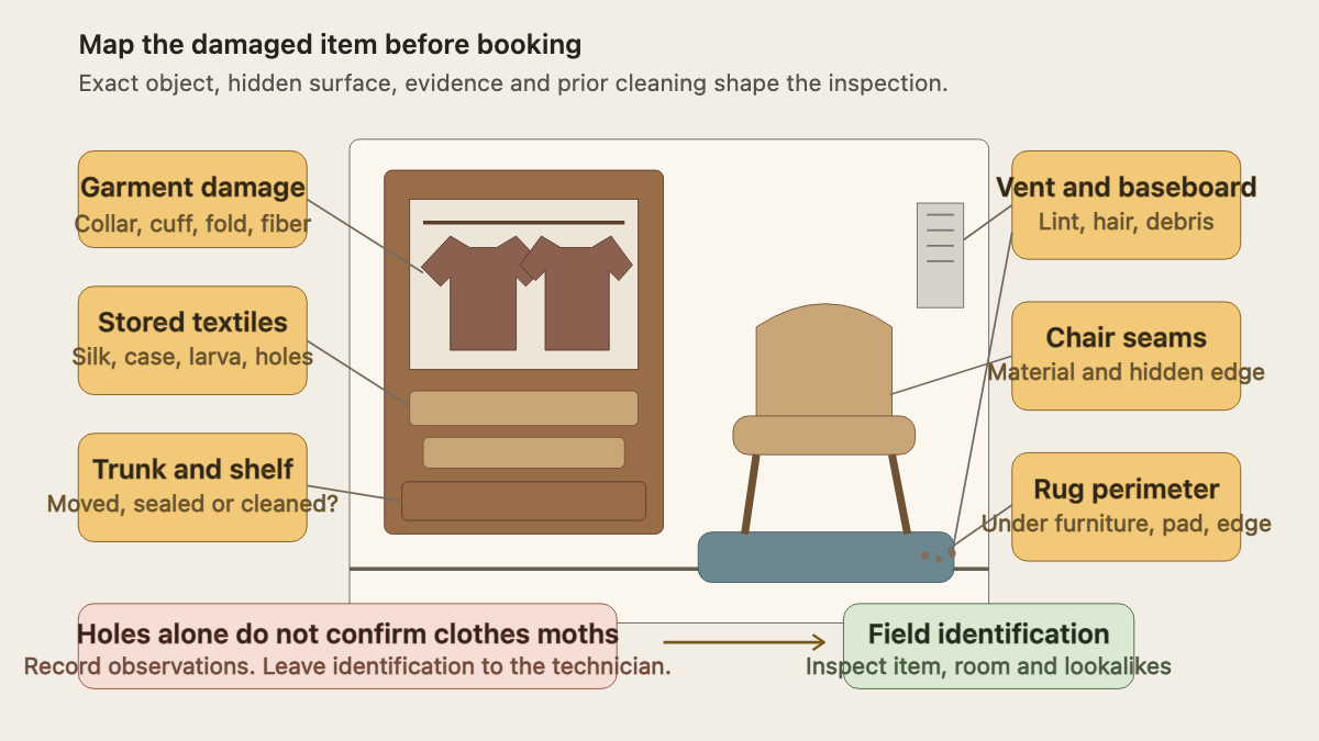 Wardrobe and room map showing garment folds, stored textiles, a trunk, rug edges, chair seams, baseboard lint and a vent for clothes moth call intake