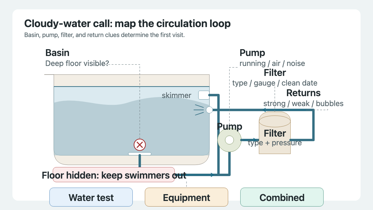 Cloudy swimming pool circulation map showing the basin, pump, filter, and return flow