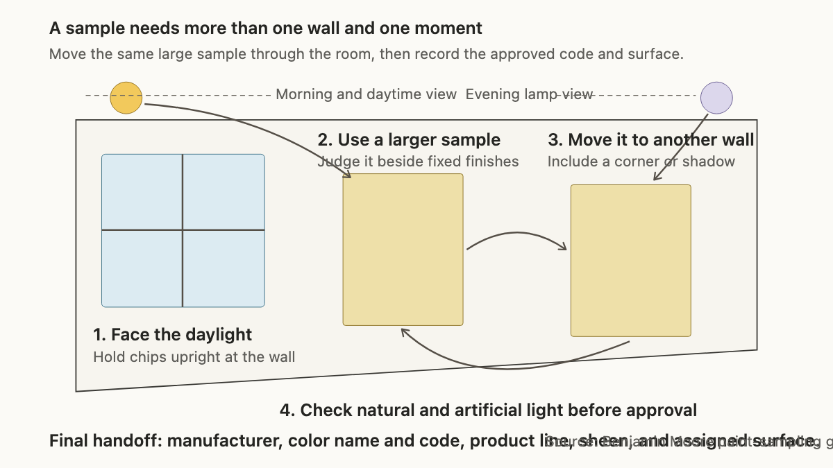 Panoramic room wall showing a paint sample moved between daylight, another wall, a corner, and evening light