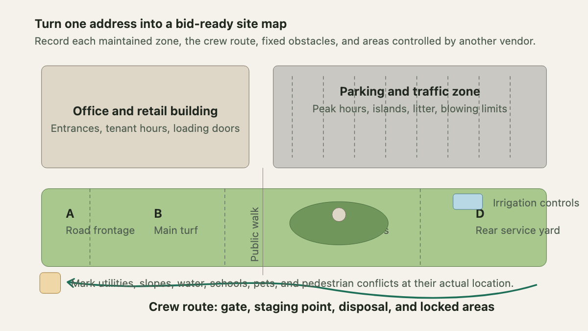 Commercial property map showing maintained zones, access, traffic, irrigation controls, and crew route
