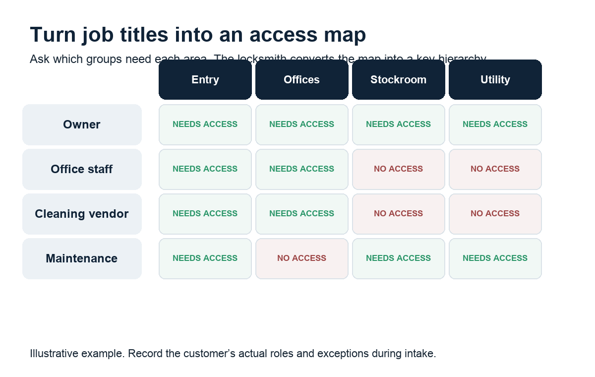 Example matrix mapping owners, office staff, cleaning vendors, and maintenance workers to building areas