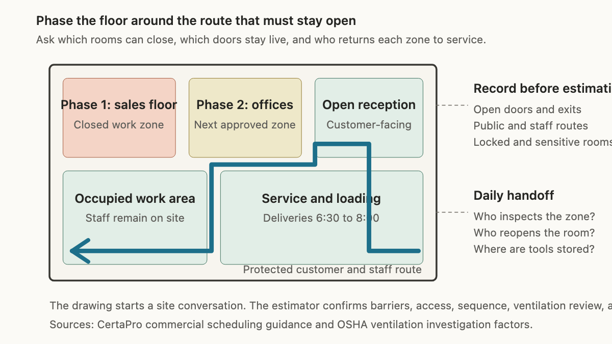 Commercial floor plan with phased paint zones and a protected customer route