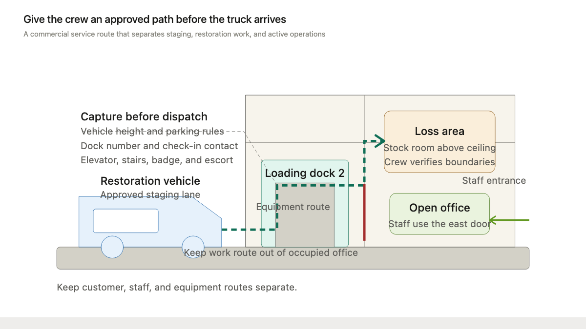 Commercial loading dock elevation showing a restoration vehicle, approved staging lane, equipment route, loss area, and separate staff entrance