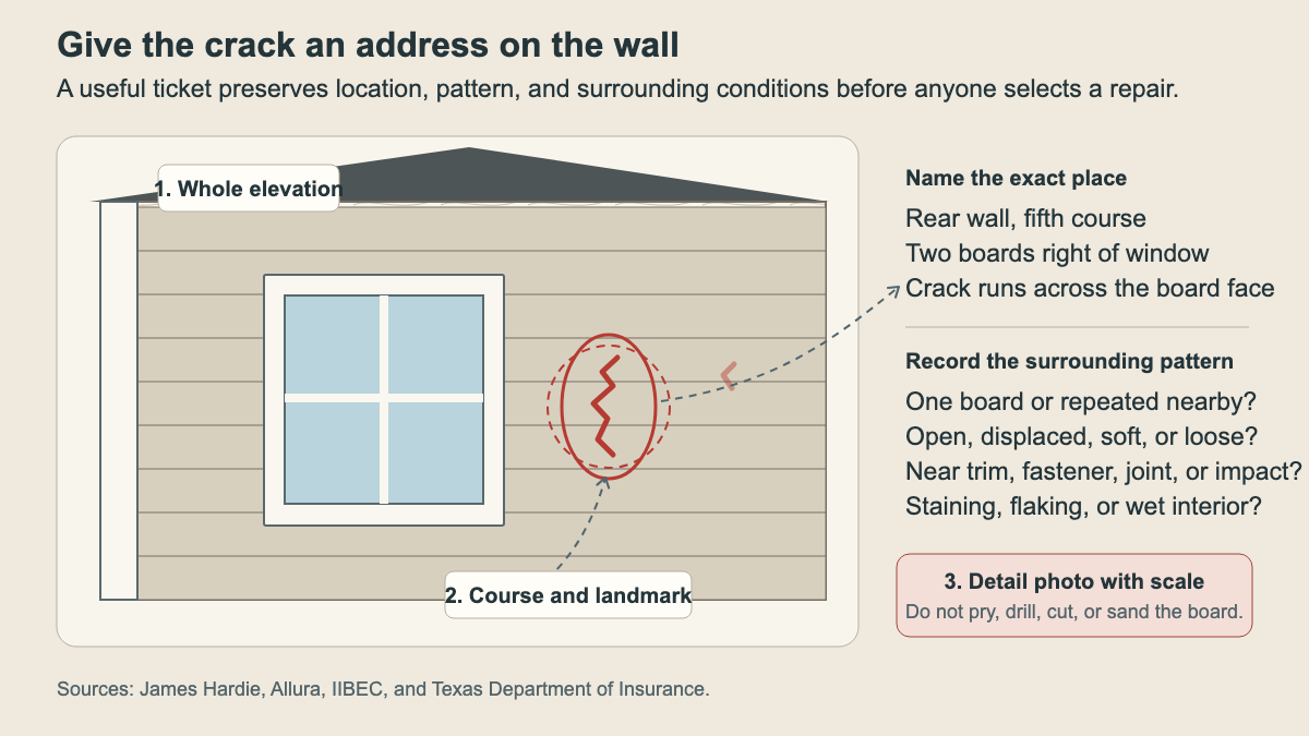 Exterior wall elevation showing how to locate and describe a cracked fiber-cement siding board