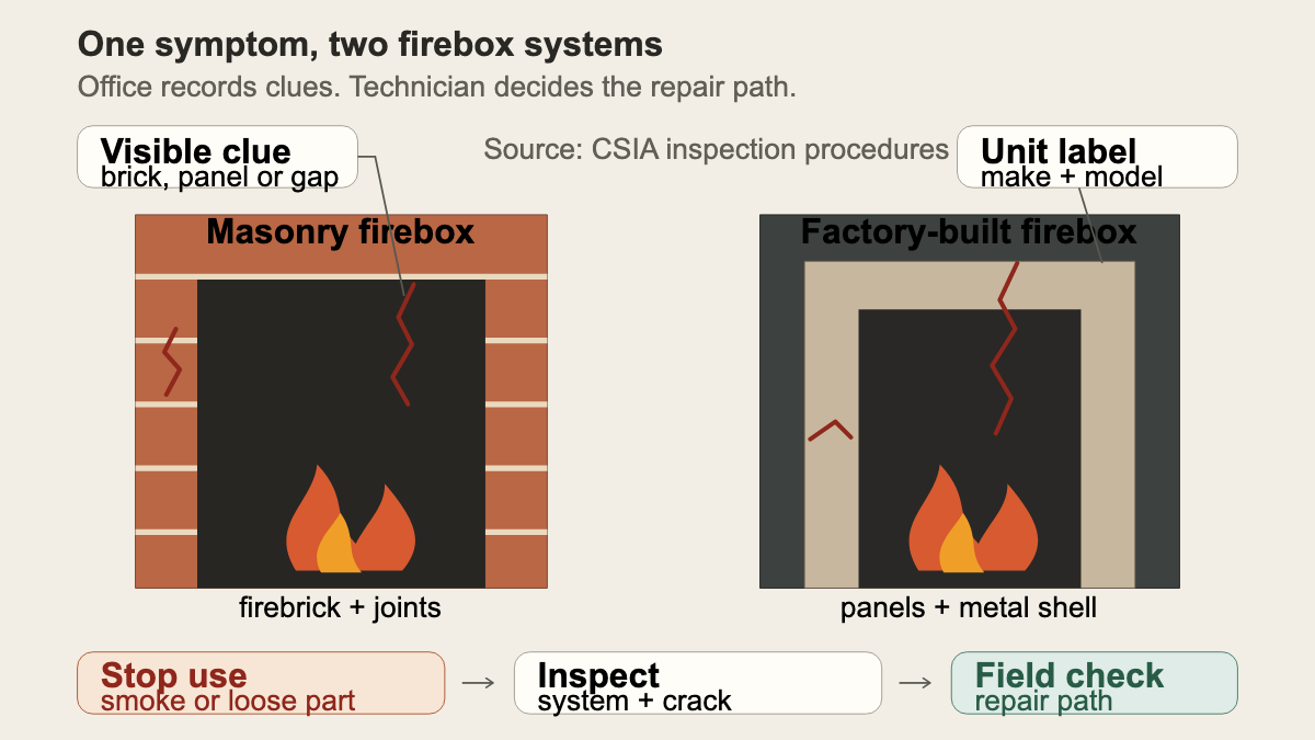 Side-by-side cutaway comparing cracked masonry firebrick with a cracked refractory panel inside a factory-built metal firebox