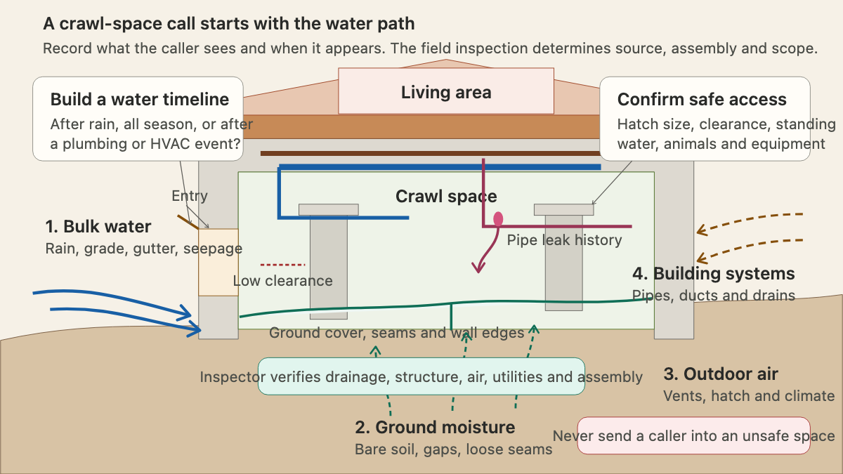 House and crawl-space section showing bulk water, ground moisture, outdoor air, plumbing, access, framing, piers, ducts, pipes, and vapor barrier