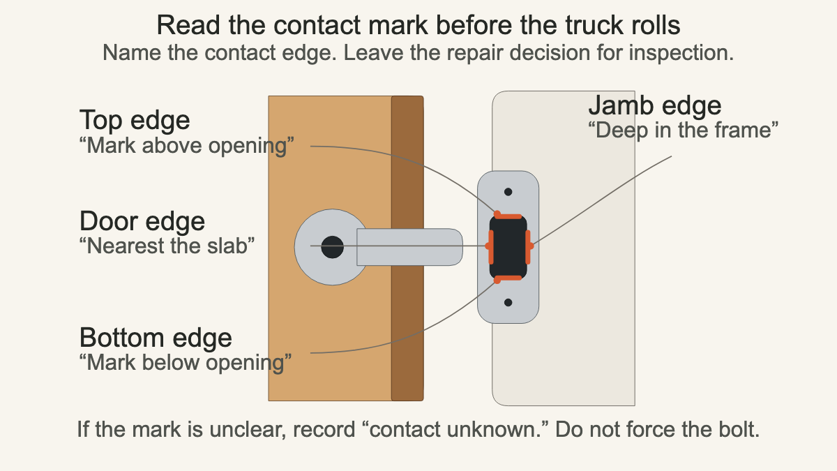 Door and jamb field guide showing four places a deadbolt can leave contact marks around a strike opening