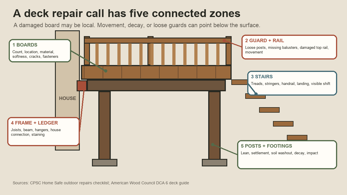 Deck repair scope map labeling boards, guard, stairs, frame, ledger, posts, and footings