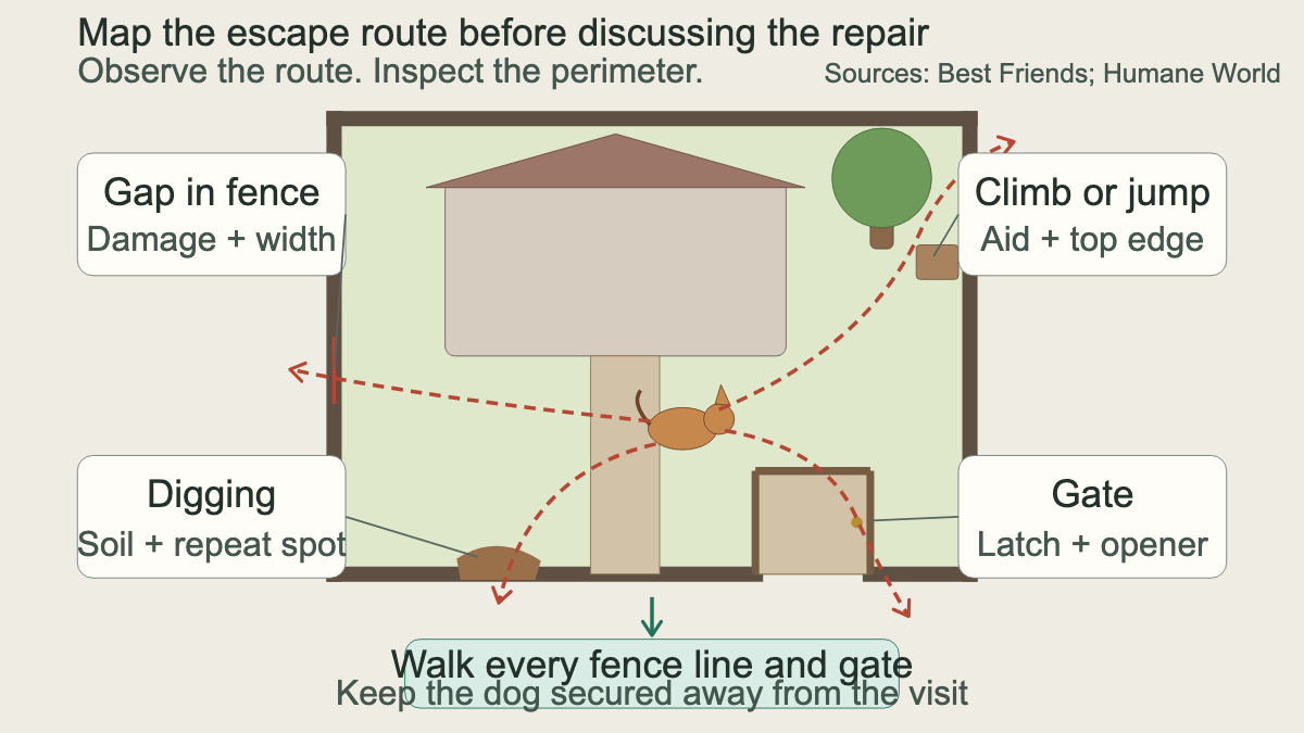 Top-down yard map showing gate, digging, climbing, and through-gap dog escape routes