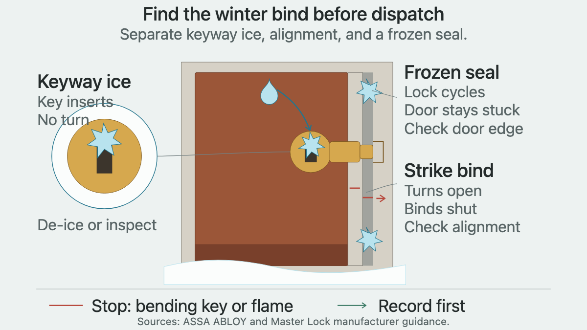 Physical door and cylinder diagram distinguishing keyway ice, bolt and strike binding, and a frozen perimeter seal