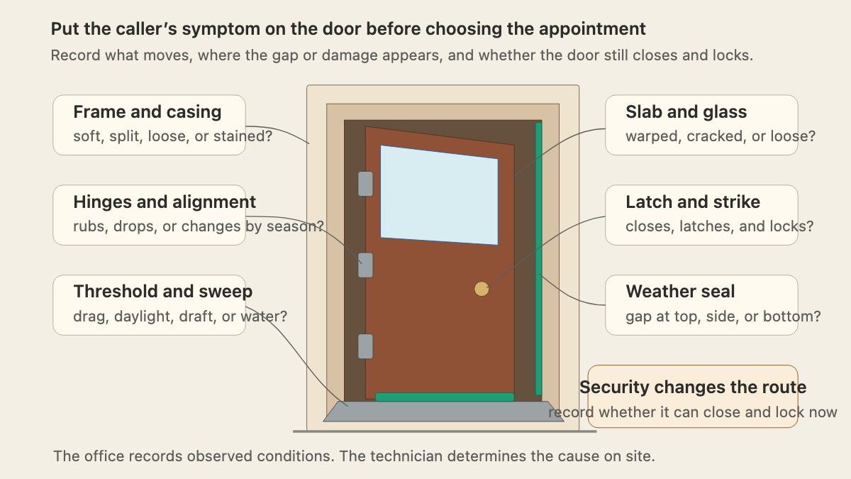 Annotated exterior swing door showing the frame, hinges, latch, slab, threshold, sweep, and weather seal