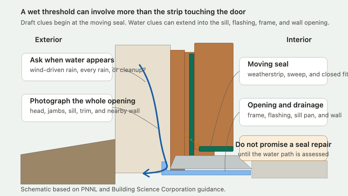 Side section of an exterior door threshold showing the moving seal, sill pan, drainage path, frame, and wall opening