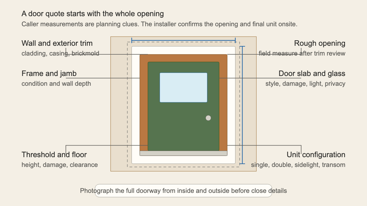 Exterior door elevation labeling the slab, frame, rough opening, jamb, threshold, trim, glass, and unit configuration