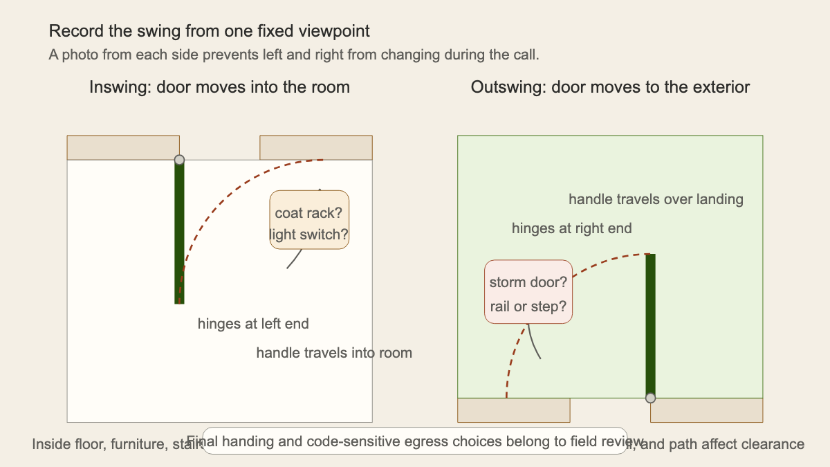 Plan views comparing inswing and outswing exterior doors, hinge locations, handle travel, and nearby clearance conflicts