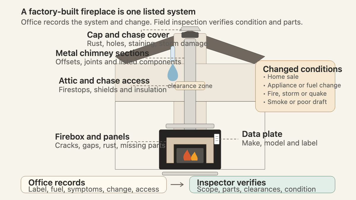 Cutaway of a factory-built fireplace showing the firebox, data plate, metal chimney, attic clearance, roof cap, chase cover, and water entry points