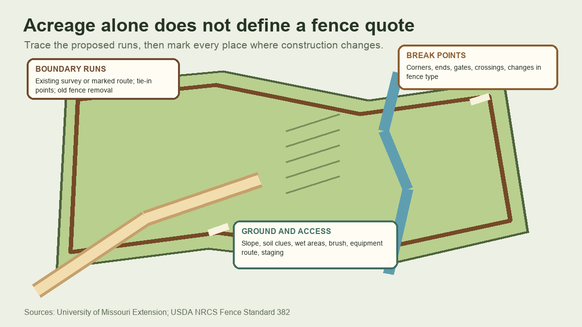 Farm fence site map showing route breaks, gates, water, slope, and equipment access