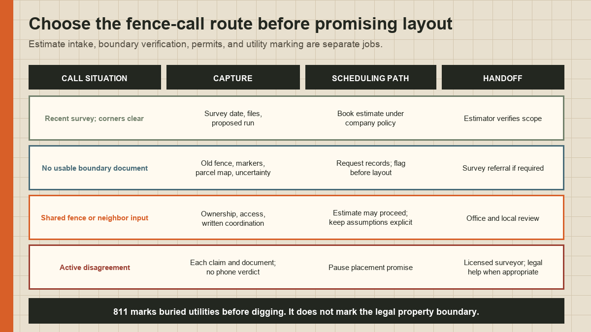 Routing matrix for fence calls with a recent survey, missing records, shared fences, or an active boundary disagreement