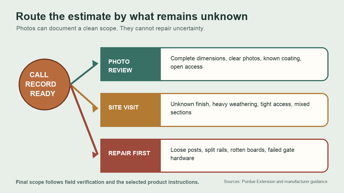 Decision tree routing fence staining calls to photo review, site visit, or repair assessment