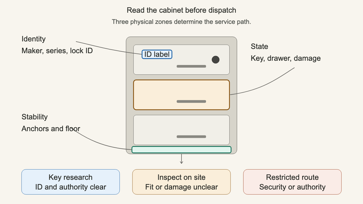 Front view of a lateral file showing where to capture cabinet identity, lock and drawer state, stability, and the proper service route