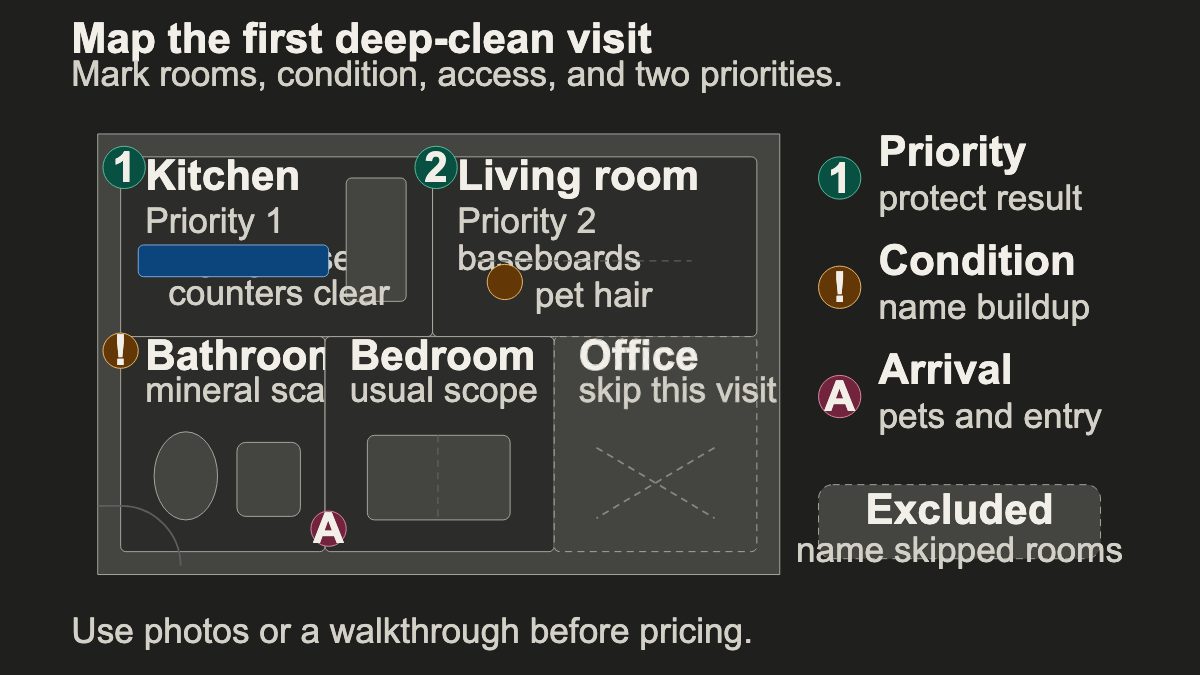Home floor plan marking rooms in scope, first priorities, reported condition, access notes, and a skipped office