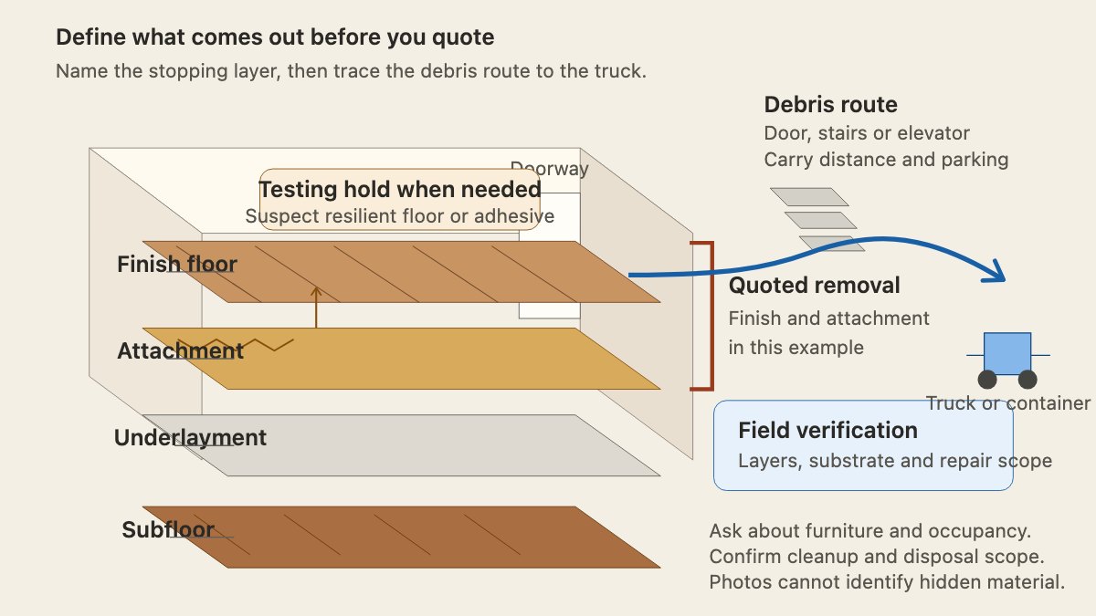 Exploded floor section showing finish flooring, attachment, underlayment, subfloor, removal endpoint, and debris route