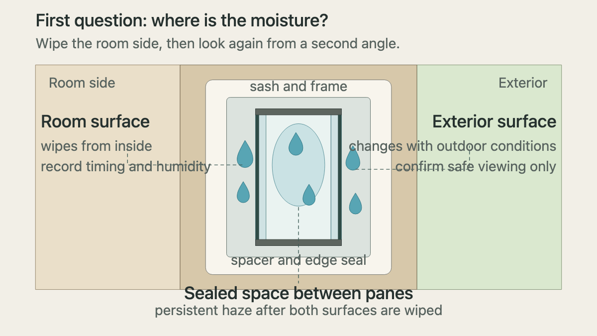 Double-pane window section locating moisture on the room surface, exterior surface, and sealed space between panes