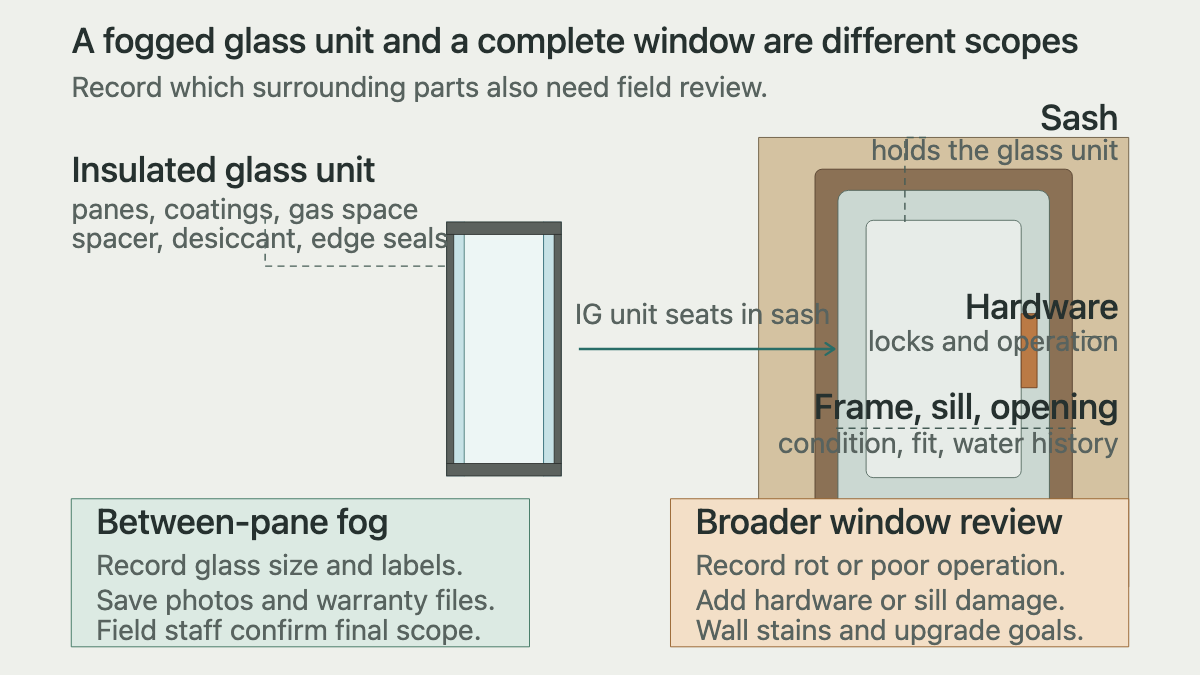 Exploded residential window showing the insulated glass unit, sash, hardware, frame, sill, and wall opening