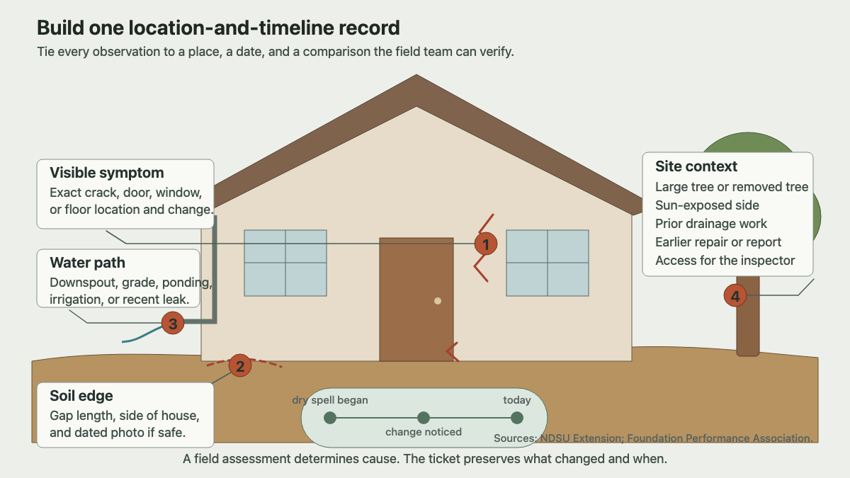 Annotated house map showing drought inspection observations and timeline