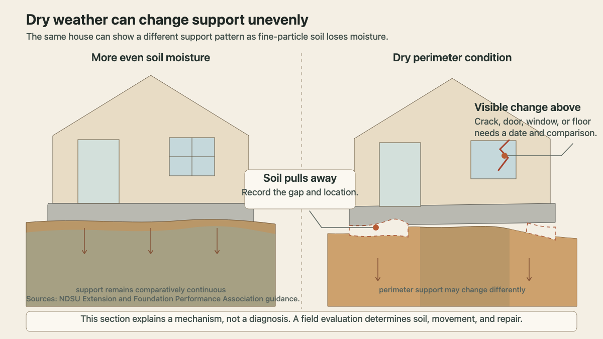 House cross-section comparing even soil support with a dry perimeter condition