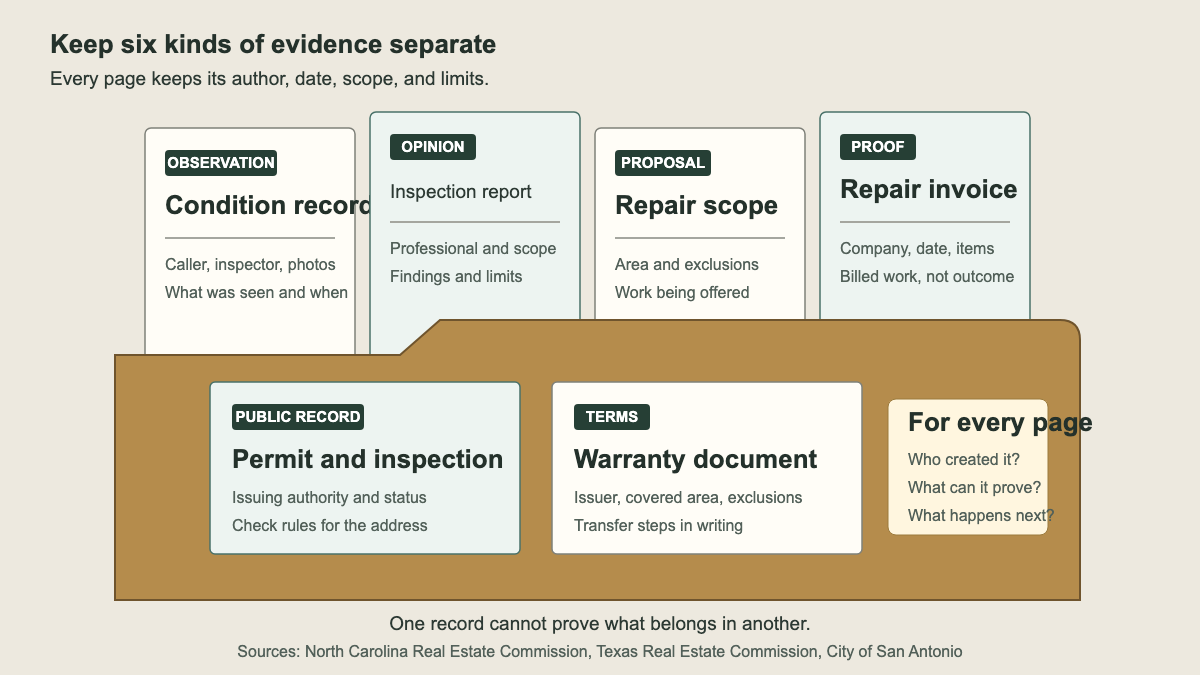 Exploded property case file separating condition notes, inspection reports, repair proposals, invoices, permit records, and warranties