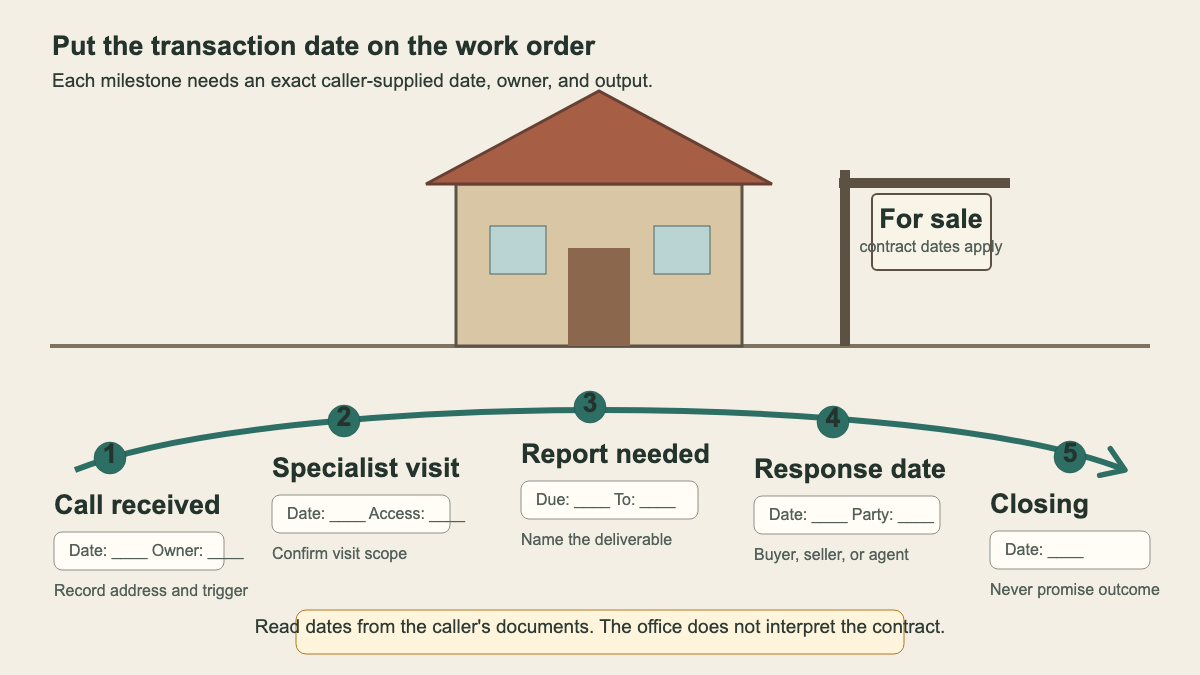 House-sale transaction clock connecting the call, specialist visit, report, response, and closing dates
