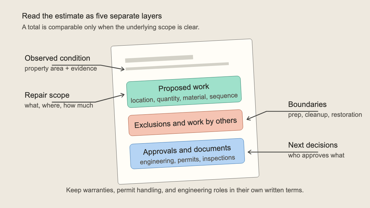 Exploded foundation repair estimate showing observations, proposed work, exclusions, responsibilities, and approvals as separate layers