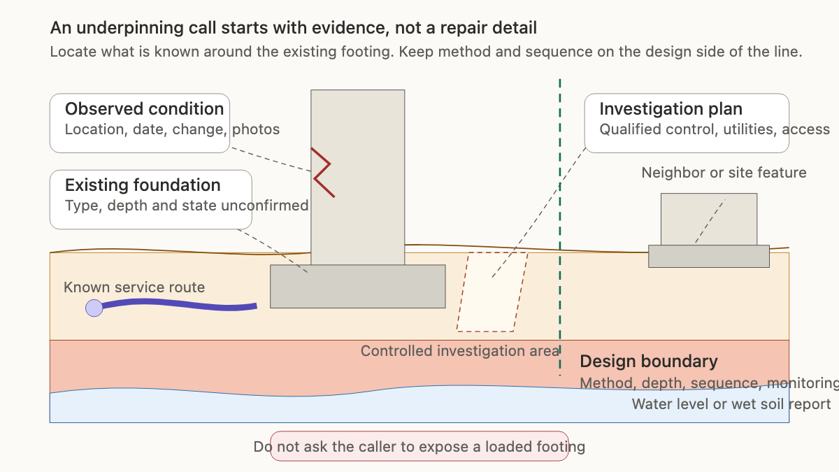 Foundation wall and footing section showing where an underpinning consultation gathers evidence before design