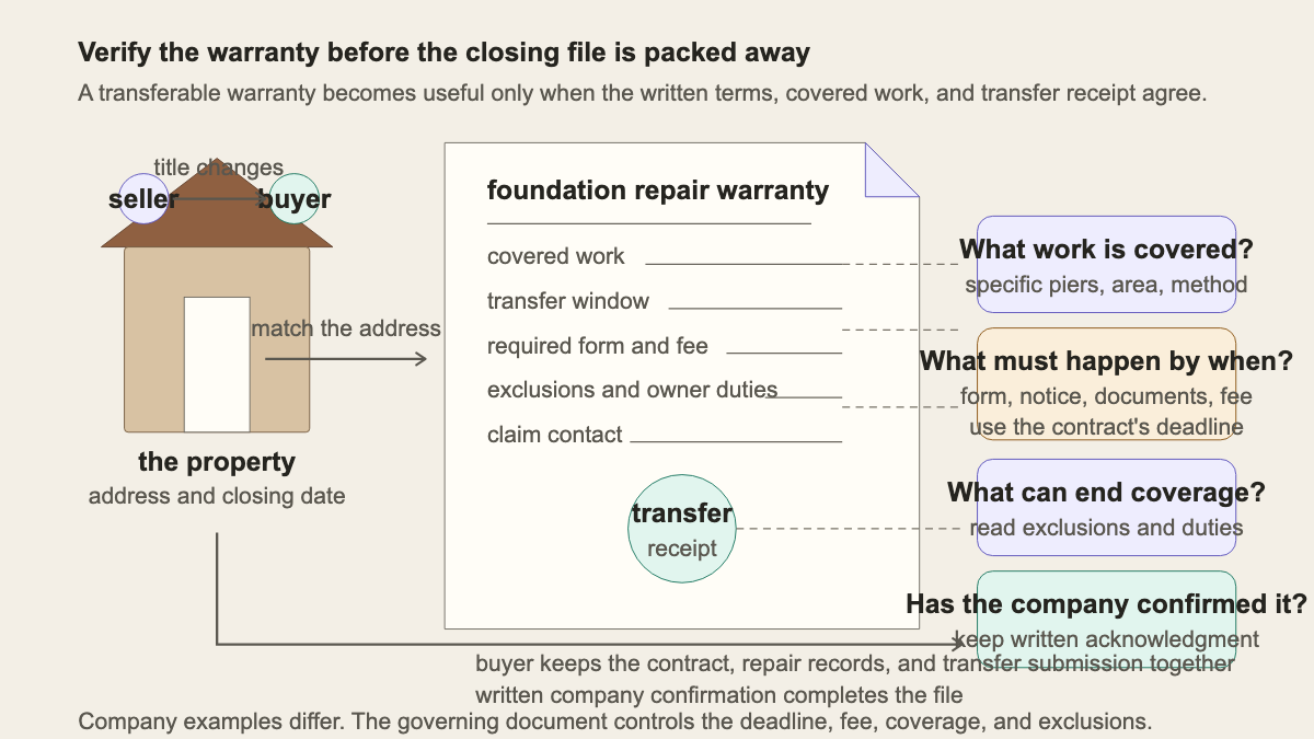 Foundation warranty transfer map linking a home sale to written terms and company confirmation